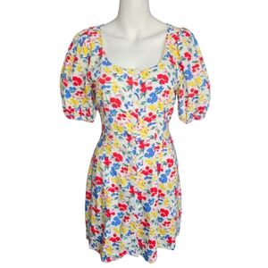 Rixo Women’s Linen Blend Floral Mini Dress Puff Sleeve Size 4 Cottage Summer